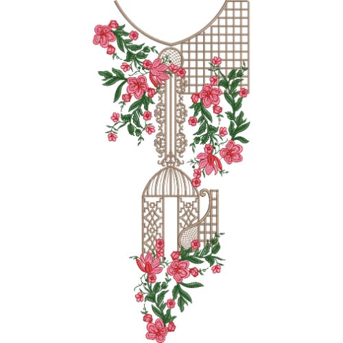 Luxury Floral Neck Embroidery Design with Ornamental Birdcage Motif and Rose Vine Pattern