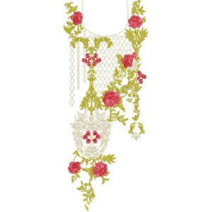 Luxury Floral Neck Embroidery Design with Ornamental Medallion and Rose Vine Pattern