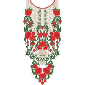 Luxury Rose Neck Embroidery Design with Ornamental Lace Panel and Vintage Floral Pattern