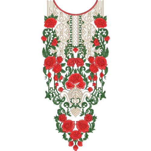 Luxury Rose Neck Embroidery Design with Ornamental Lace Panel and Vintage Floral Pattern