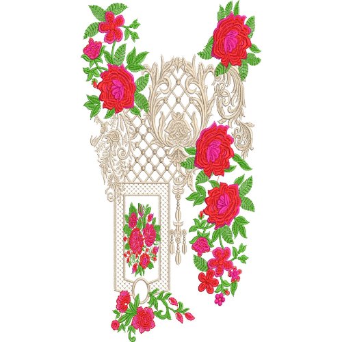 Luxury Rose Neck Embroidery Design with Ornamental Lattice Panel and Vintage Floral Frame