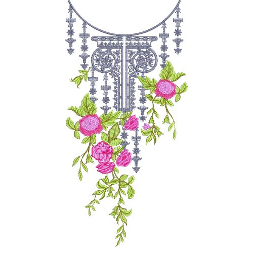 Luxury Floral Neck Embroidery Design with Ornamental Hanging Tassels and Rose Vine Pattern